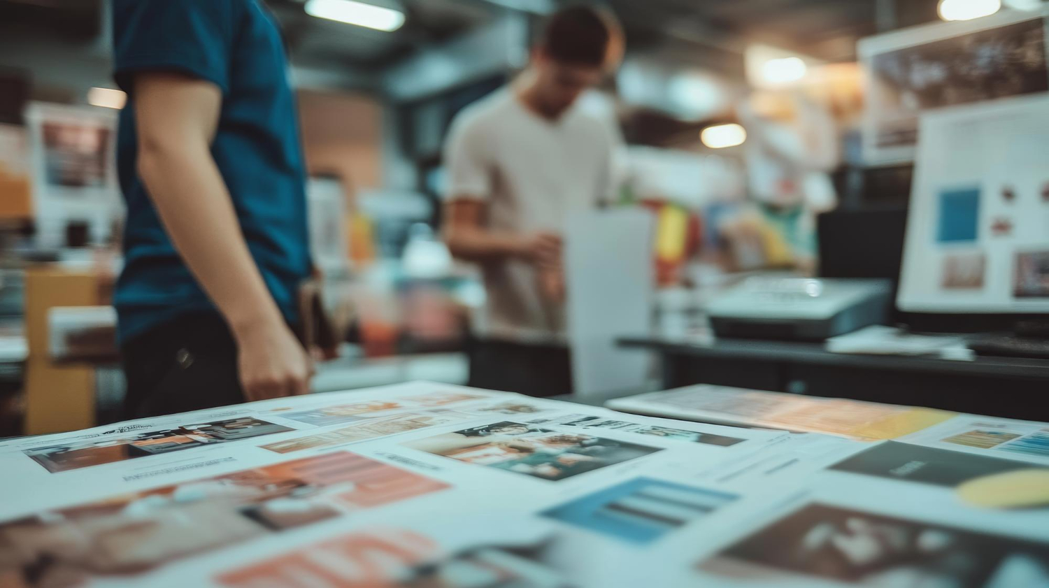 Professional printing production team reviewing printed materials